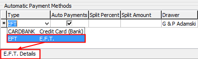 EFT details (Debtor Maintenance - Automatic payments sub-tab, selection, cut-down)
