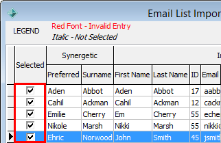 Email List Import  (cutdown, selected records highlighted)