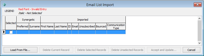 Email List Import window (initial)