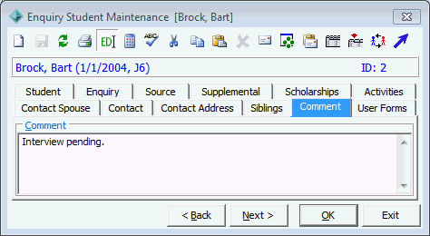 Enquiry Student Maintenance - Comment tab