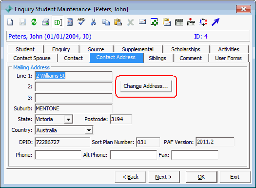 Enquiry Student Maintenance - Contact Address tab (with Change Address... button)
