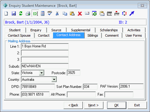 Enquiry Student Maintenance - Contact Address tab