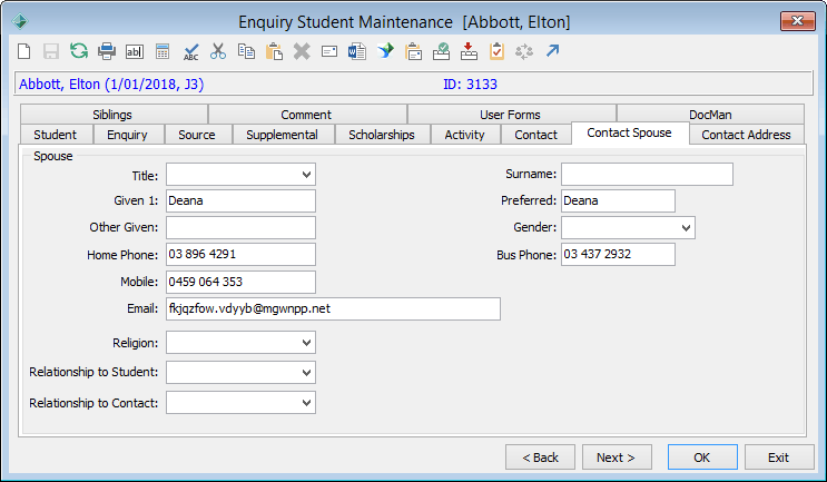 Enquiry Student Maintenance - Contact Spouse tab