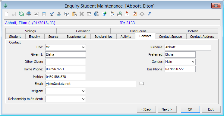 Enquiry Student Maintenance - Contact tab