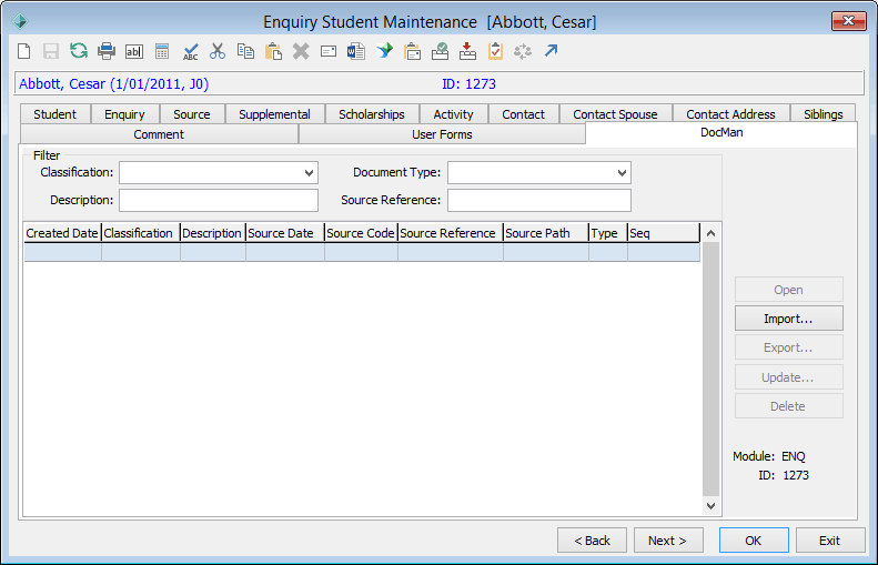 Enquiry Student Maintenance - DocMan tab