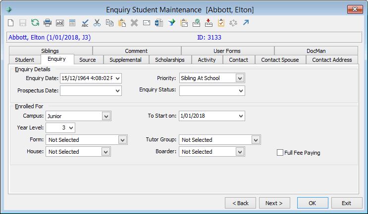 Enquiry Student Maintenance - Enquiry tab