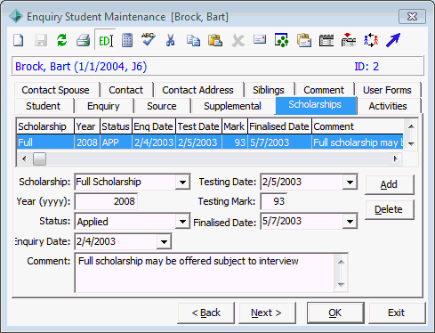 Enquiry Student Maintenance - Scholarships tab