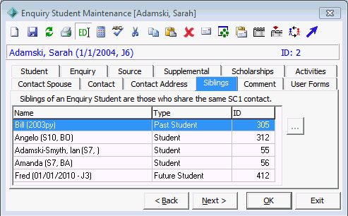 Enquiry Student Maintenance - Siblings tab