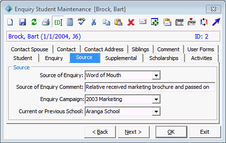 Enquiry Student Maintenance - Source tab