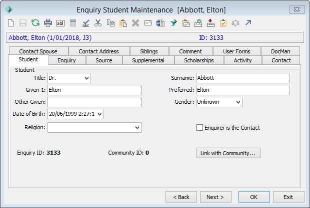 Enquiry Student Maintenance - Student tab