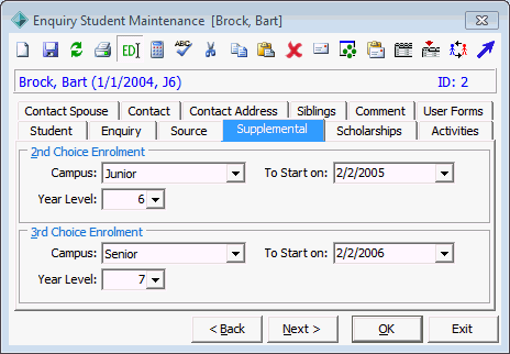 Enquiry Student Maintenance - Supplemental tab