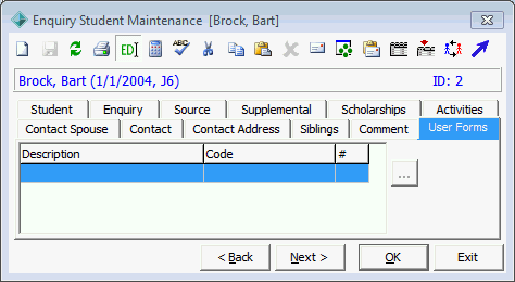 Enquiry Student Maintenance - User Forms tab