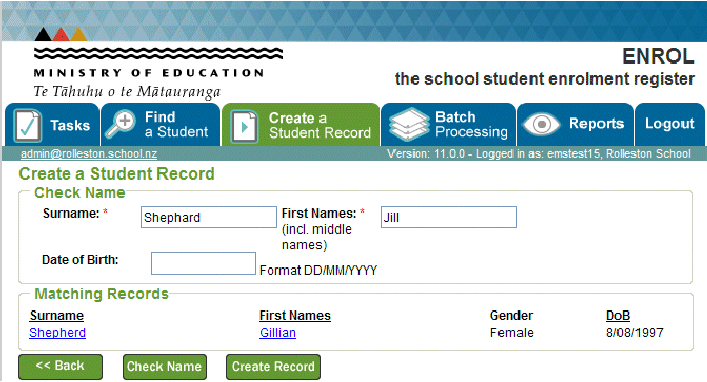 ENROL - Create a Student Record tab