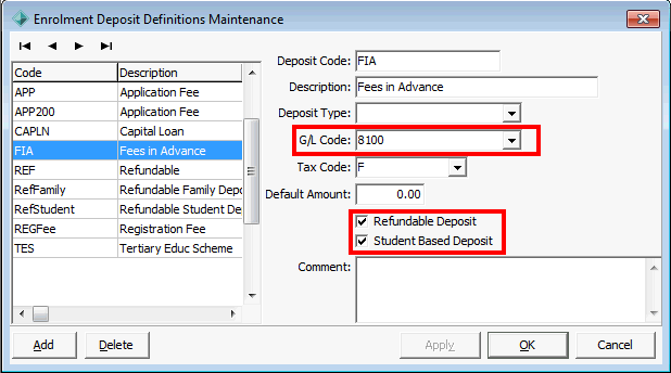 Enrolment Deposit Definitions Maintenance (Fees in Advance example)