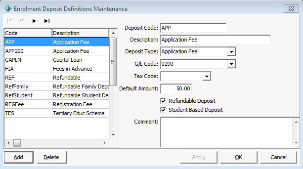 Enrolment Deposit Definitions Maintenance