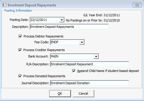 Enrolment Deposit Repayments - Posting Information window