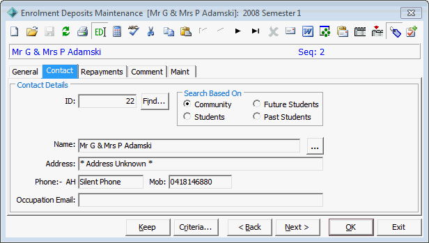Enrolment Deposits Maintenance - Contact tab