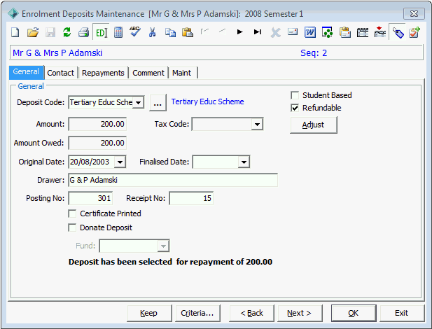 Enrolment Deposits Maintenance - General tab