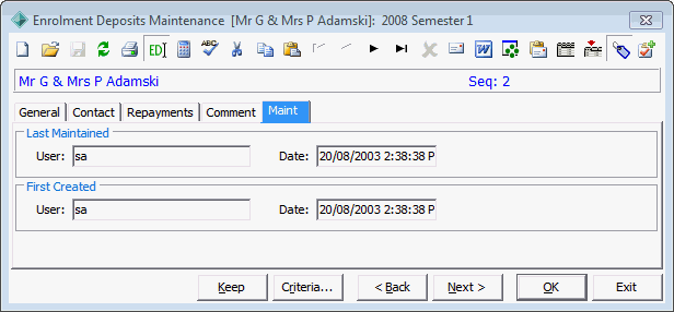 Enrolment Deposits Maintenance - Maint tab