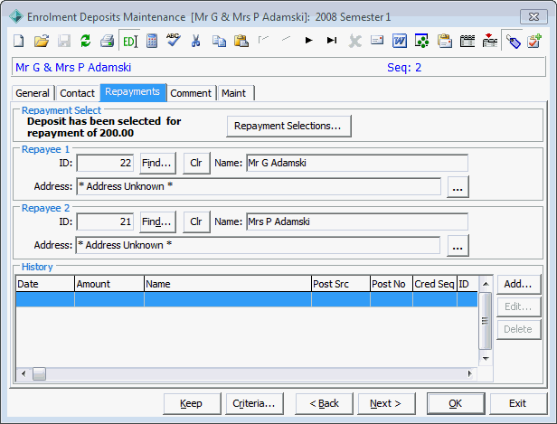 Enrolment Deposits Maintenance - Repayments tab