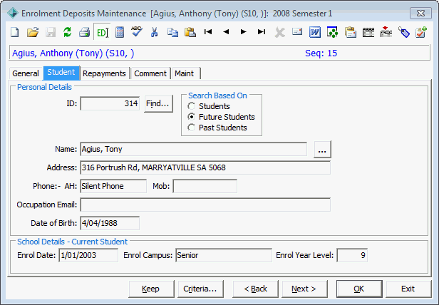 Enrolment Deposits Maintenance - Student (or Contact) tab