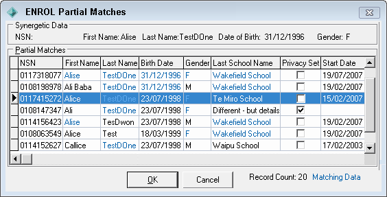 ENROL Partial Matches window