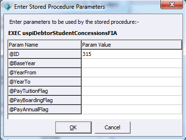 Enter Stored Procedure Parameters (Create Fees in Advance Concessions)window