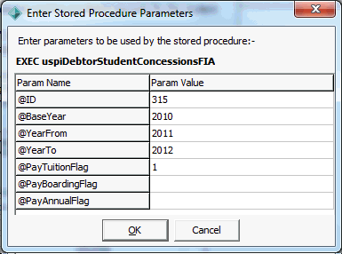 Enter Stored Procedure Parameters (Create Fees in Advance Concessions - populated) window