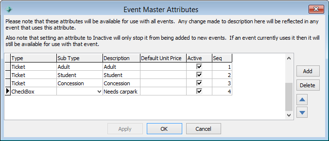 Event Master Attributes window