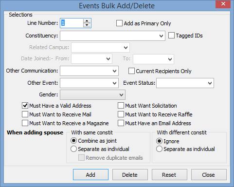 Events Bulk Add/Delete window