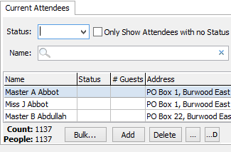 Events Maintenance - Current Attendees tab (cut down)