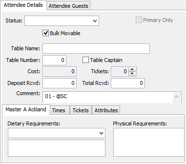 Events Maintenance - Current Attendees tab - Attendee Details sub-tab (cut down)