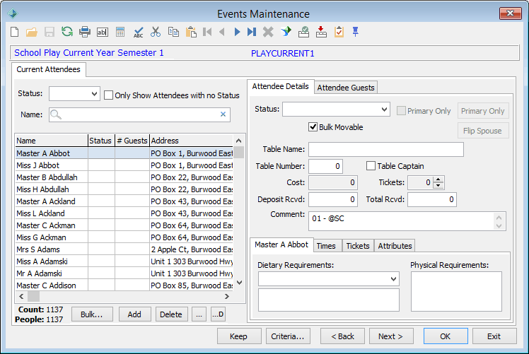 Events Maintenance - Current Attendees tab - Attendee Details sub-tab
