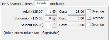 Events Maintenance - Current Attendees tab - Attendee Details sub-tab - Tickets sub-tab (cut down)