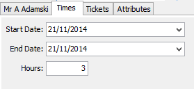Events Maintenance - Current Attendees tab - Attendee Details sub-tab - Times sub-tab (cut down)