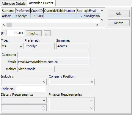 Events Maintenance - Current Attendees tab - Attendee Guests sub-tab (cut down)