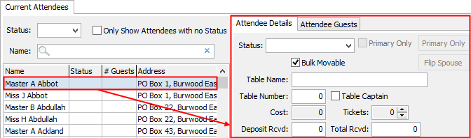 Events Maintenance - Current Attendees tab - Attendee Guests sub-tab (cut down)