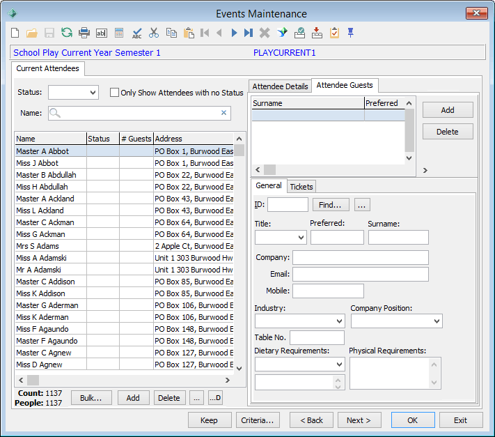 Events Maintenance - Current Attendees tab - Attendee Guests sub-tab