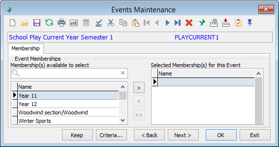 Events Maintenance - Membership tab