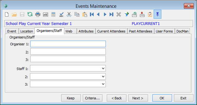 Events Maintenance - Organisers/Staff tab