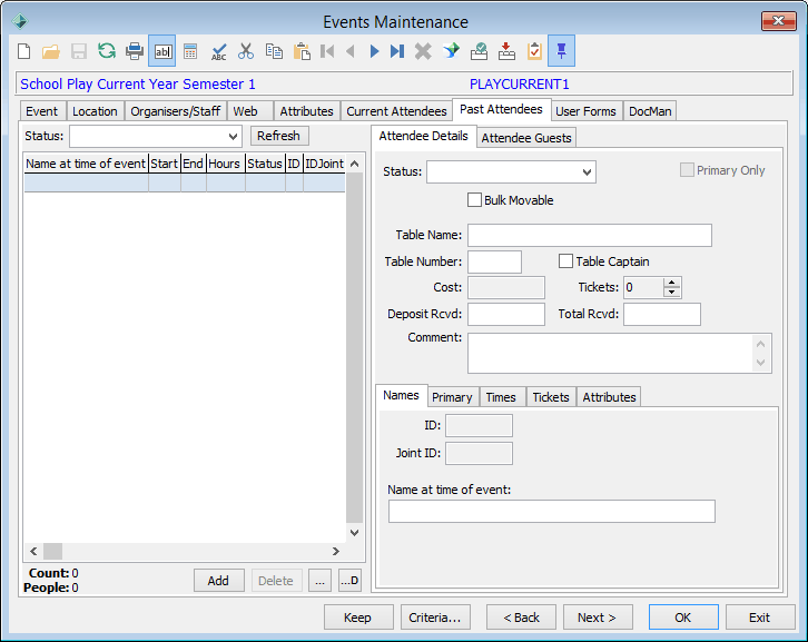Events Maintenance - Past Attendees tab