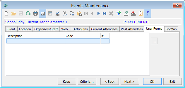 Events Maintenance - User Forms tab