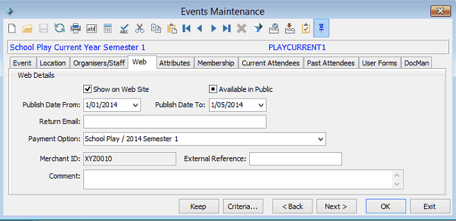 Events Maintenance - Web tab