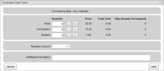 Events tab - Fundraiser Gala Ticket window