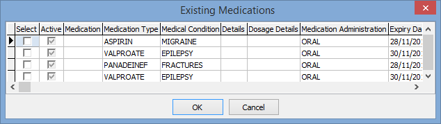 Existing Medications window (cut-down)