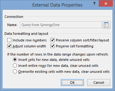 External Data Range Properties window (Microsoft Excel)