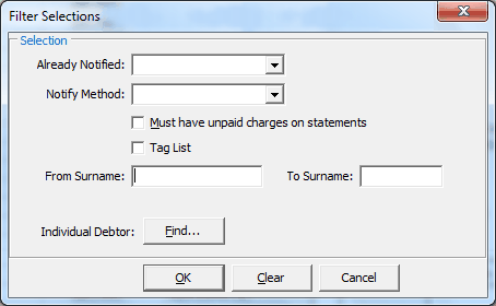 Filter Selections window (debtor notifications)