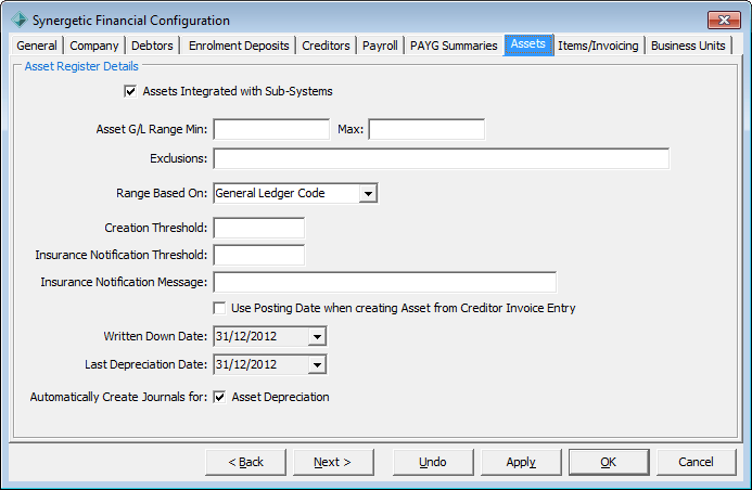 Finance Configuration Maintenance - Assets tab