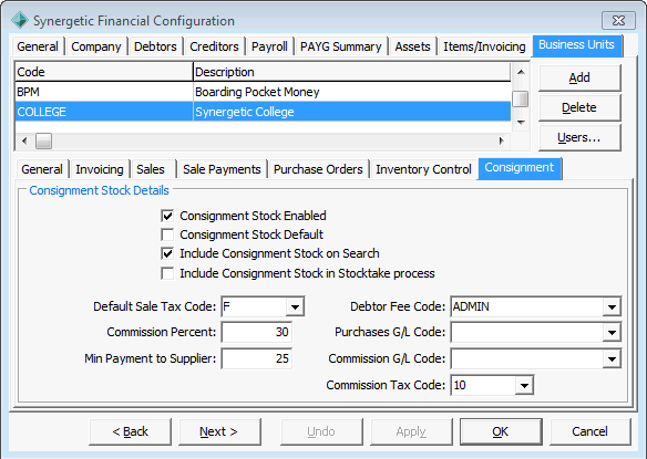 Finance Configuration Maintenance - Business Units - Consignment sub-tab