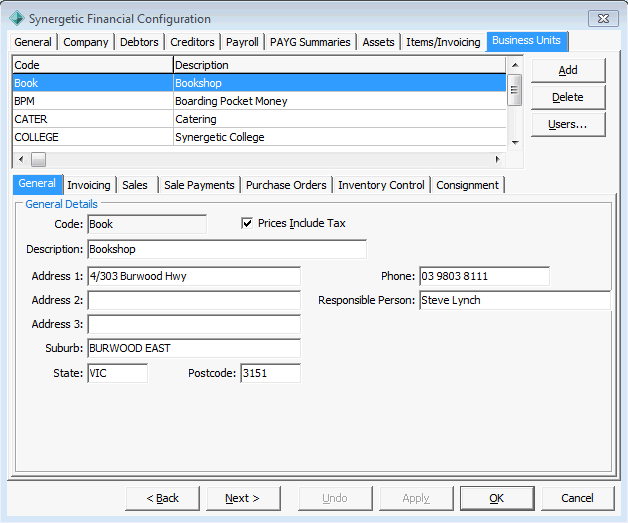 Synergetic Financial Configuration window